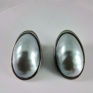 Vintage Les Bernard Signed Faux Pearl Silvertone Oval Clip-On Earrings
